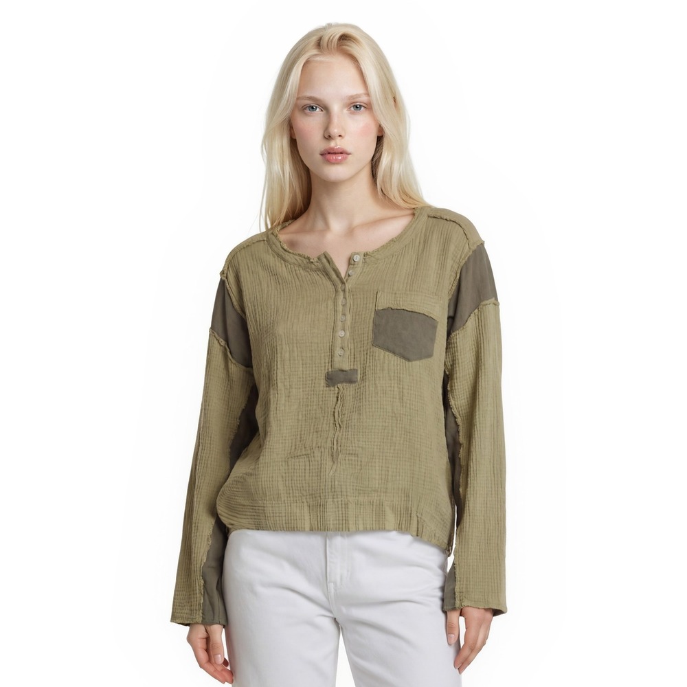 POL Anthropologie Henley Top Women's Size Large Sage Green Waffle Knit Patchwork